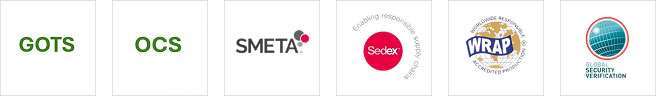 Ethical and sustainability certification logos including GOTS, OCS, SMETA, Sedex, WRAP, and Global Security Verification.