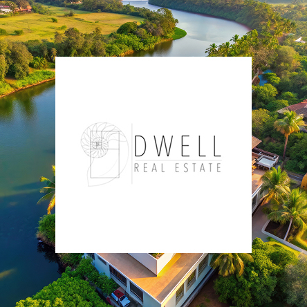 Dwell Real Estate logo displayed over a scenic river landscape with modern residential buildings and lush greenery.