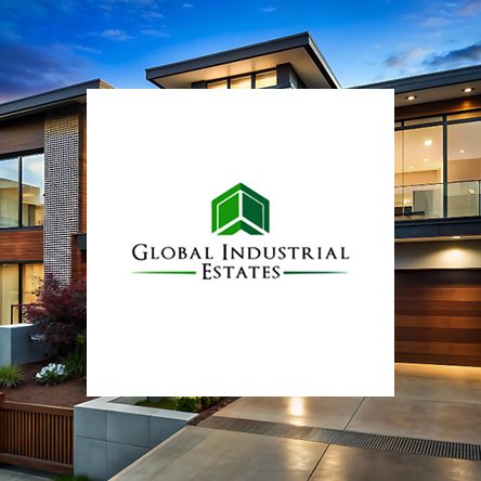Global Industrial Estates logo displayed over a modern commercial building with contemporary architecture and landscaped surroundings.
