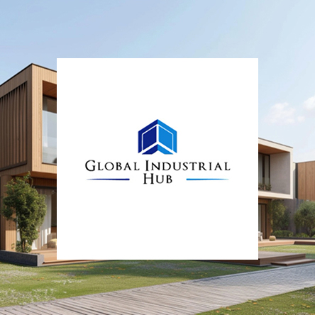 Global Industrial Hub logo displayed over a modern industrial complex with contemporary buildings, landscaped lawns, and clean architectural design.