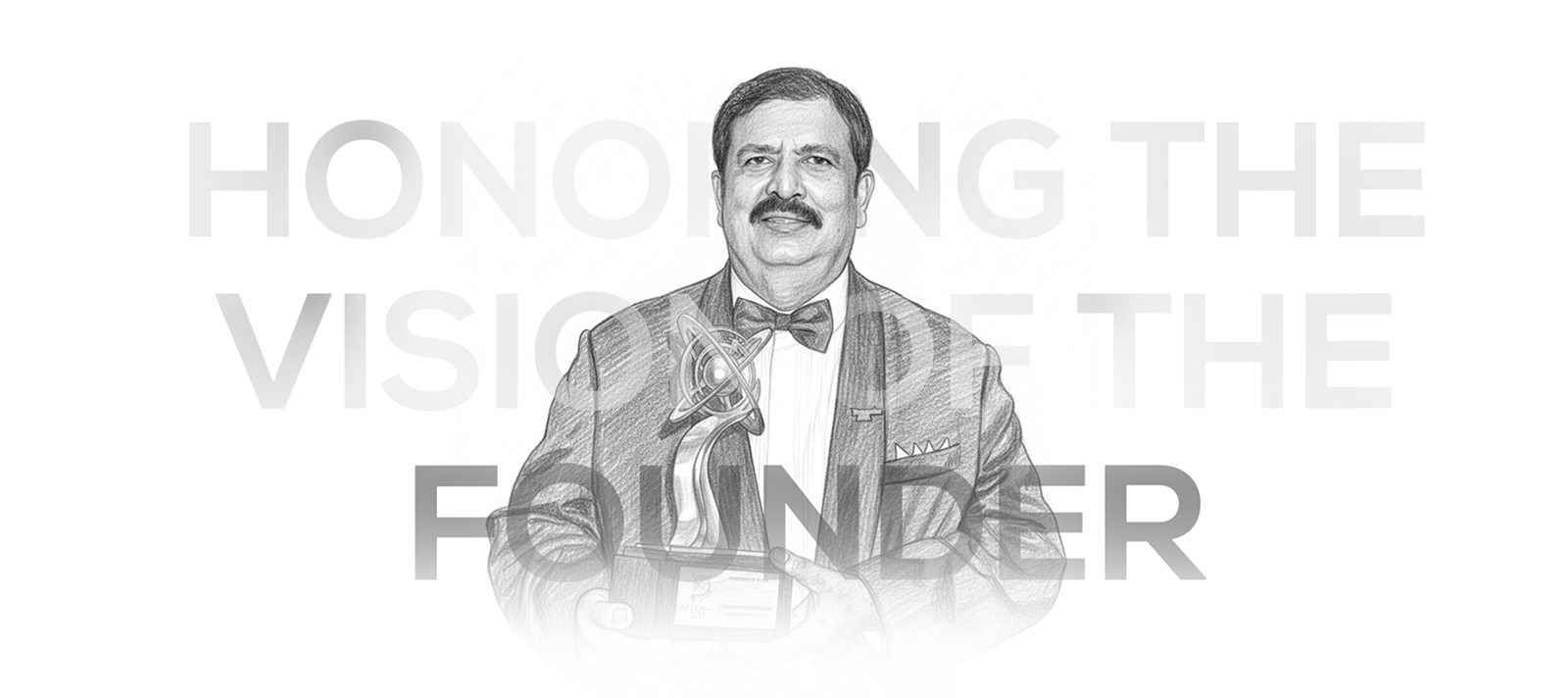 Illustrated portrait of a distinguished award recipient holding a trophy, symbolizing visionary leadership and achievement