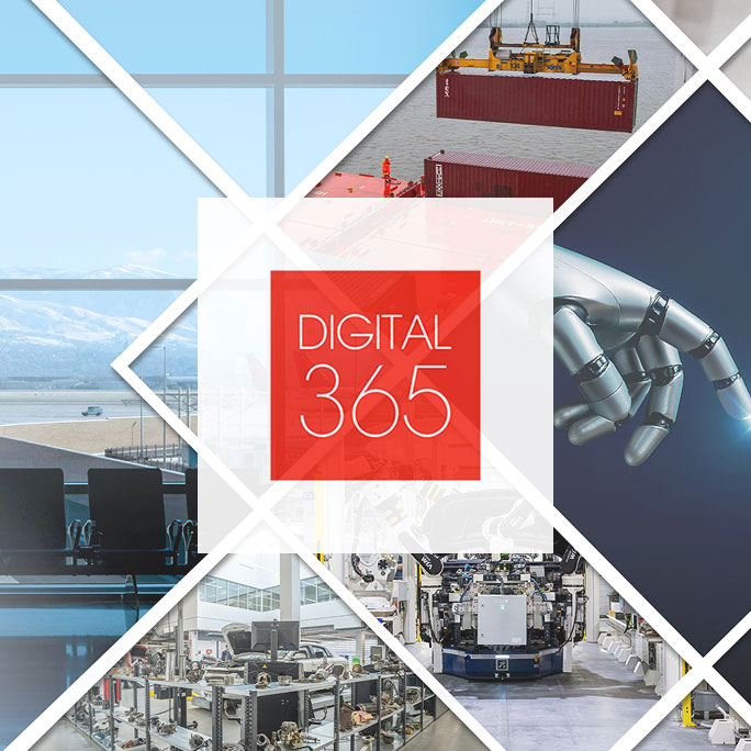 Collage of modern technology, logistics, automation, and industrial innovation with Digital 365 branding at the center