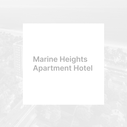 Marine Heights Apartment Hotel title displayed over a soft aerial coastal city background